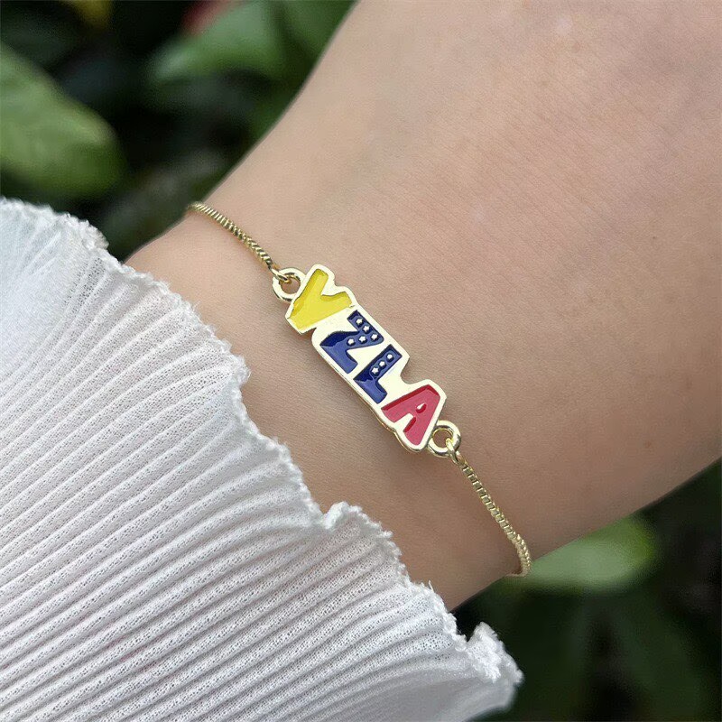 Women’s National Flag Bracelet With Bezel Setting, PVD Coated Copper, 18K Real Gold Plated Slider Chain 5