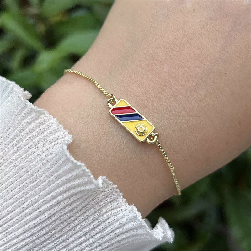 Women’s National Flag Bracelet With Bezel Setting, PVD Coated Copper, 18K Real Gold Plated Slider Chain 6