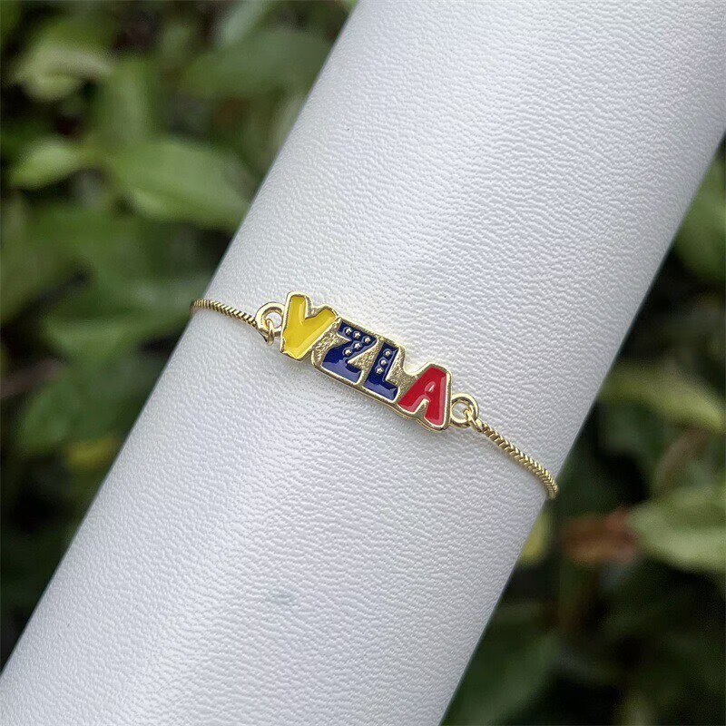 Women’s National Flag Bracelet With Bezel Setting, PVD Coated Copper, 18K Real Gold Plated Slider Chain 8