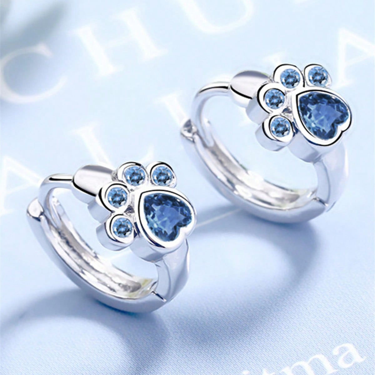 Women’s Paw Print Earrings With Claw Setting, Copper Base Water Plated In White K, Featuring Zircon Inlay