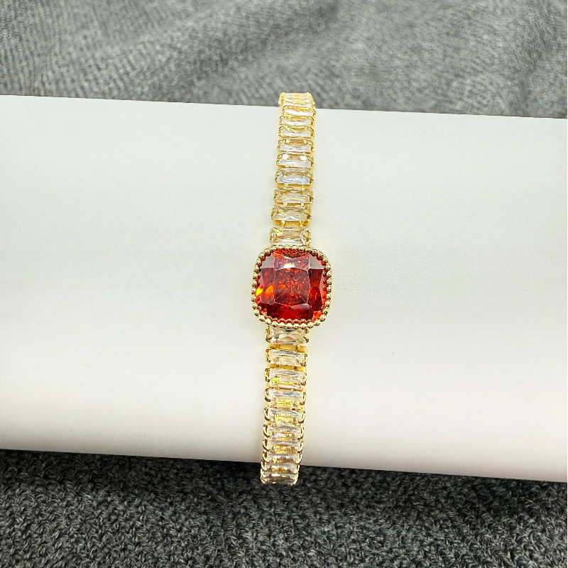 Women’s Quadrilateral Copper Bracelet With Real Gold Plating And Zircon Inlay In Natural Pink 4
