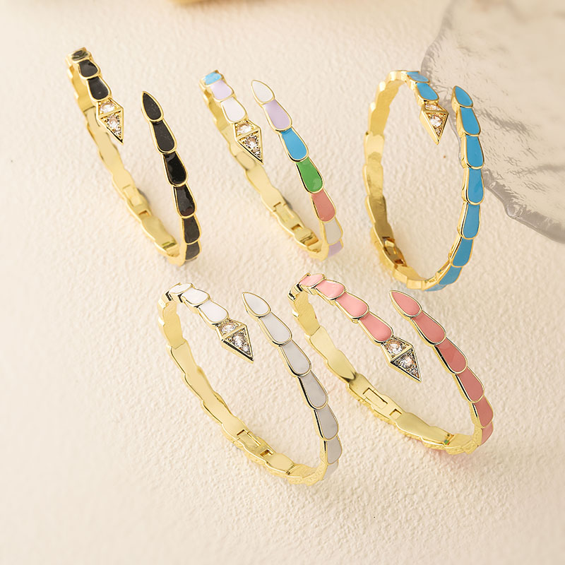 For Women Snake Pattern Copper Bangle With Enamel Craft And 18K Real Gold Plated Coating Thickness 0.03µm Featuring Zircon Inlay 2