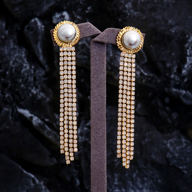 Women’s Tassel Earrings With Golden Plated Copper And Rhinestone Inlay Featuring Water Plating Craft