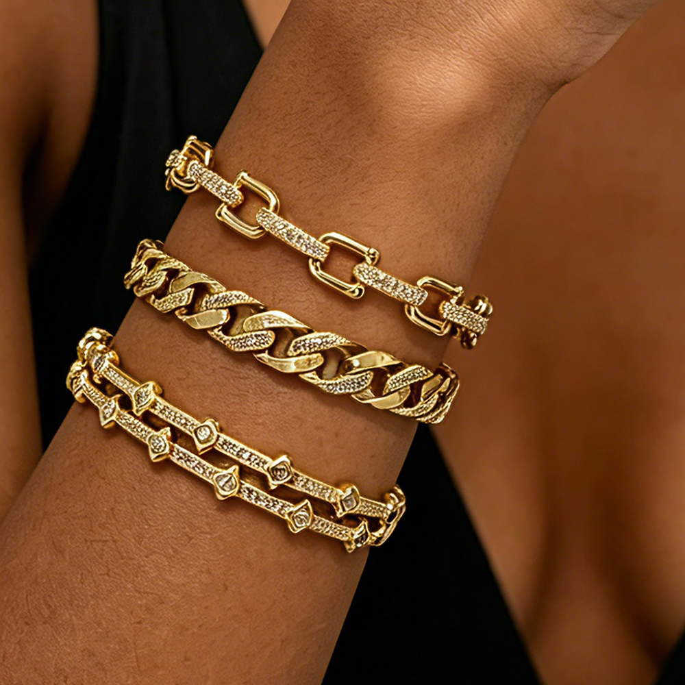 Women’s U Shape Bangle In 304 Stainless Steel With 18K Gold Plating And Zircon Inlay