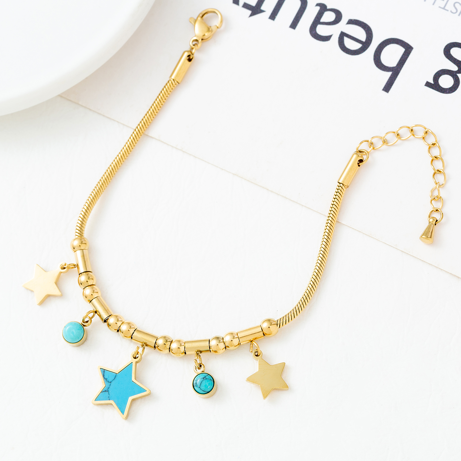 Women’s Waterproof Animal Bracelet In SUS304 Stainless Steel With 18K Gold Plated PVD Coating And Turquoise Inlay