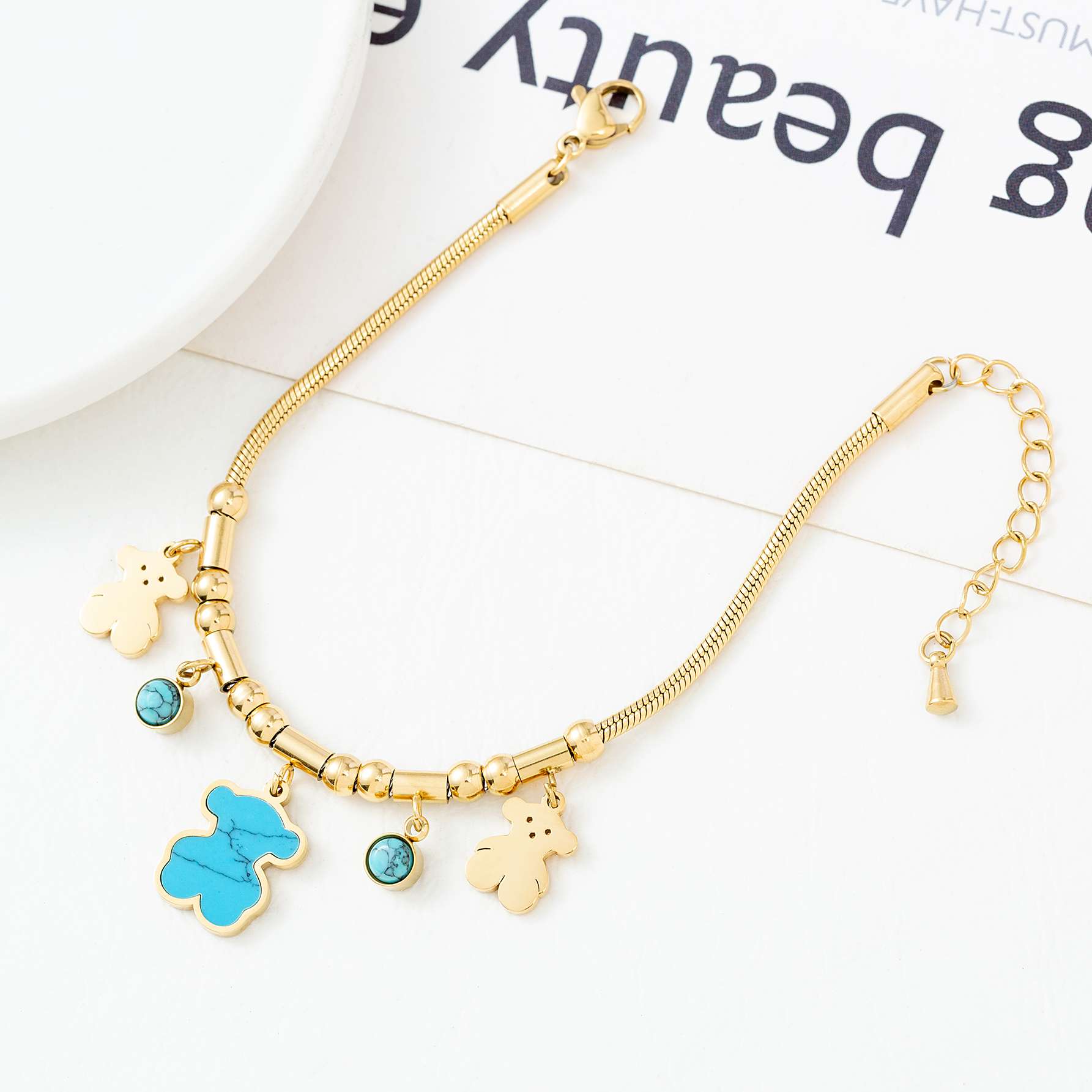 Women’s Waterproof Animal Bracelet In SUS304 Stainless Steel With 18K Gold Plated PVD Coating And Turquoise Inlay 3