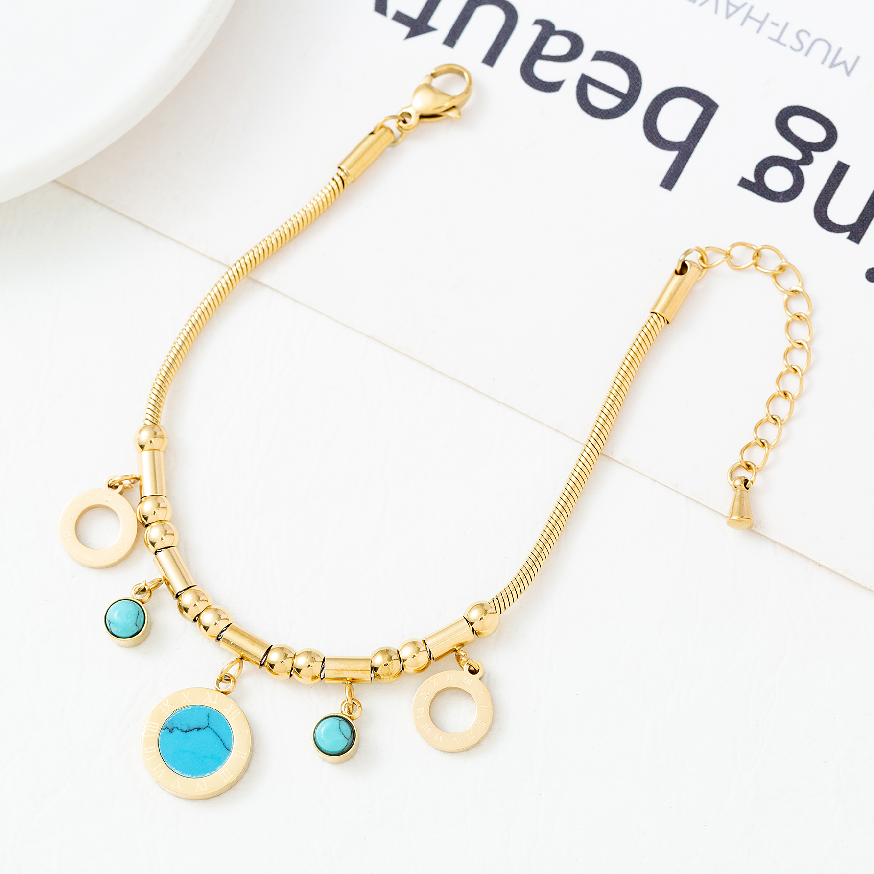 Women’s Waterproof Animal Bracelet In SUS304 Stainless Steel With 18K Gold Plated PVD Coating And Turquoise Inlay 4