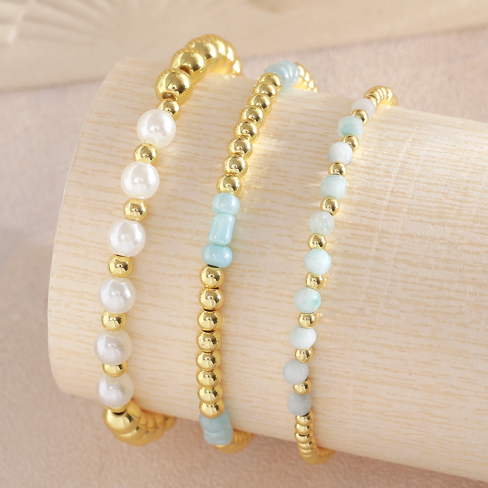 Xiaobei Beads Copper Gold-Plated Geometric Glass Beads Natural Stone Beaded Elastic Cord Layered Bracelet Multi-Specification Simple Bracelet
