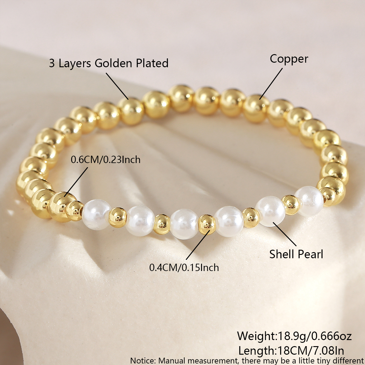 Xiaobei Beads Copper Gold-Plated Geometric Glass Beads Natural Stone Beaded Elastic Cord Layered Bracelet Multi-Specification Simple Bracelet 2