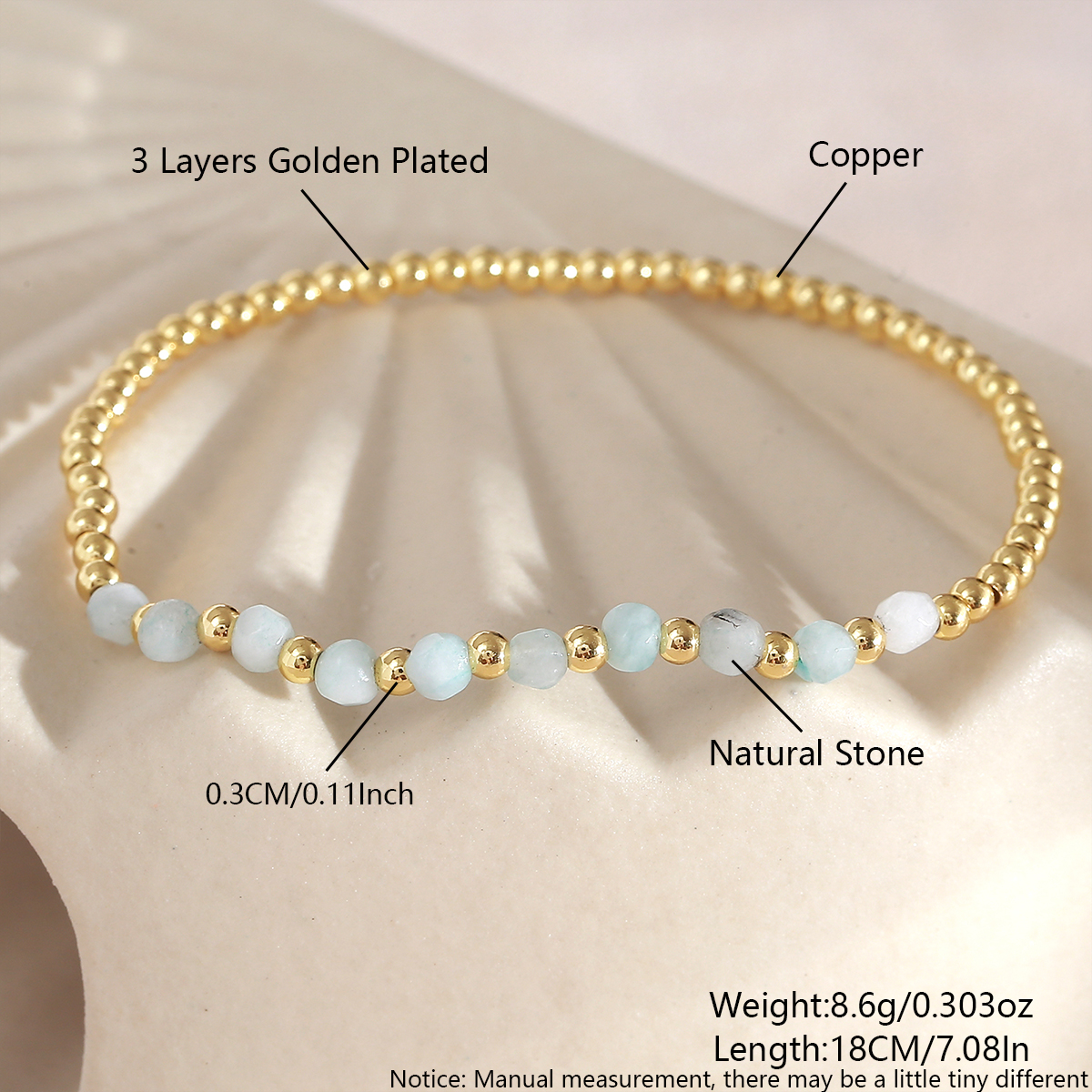 Xiaobei Beads Copper Gold-Plated Geometric Glass Beads Natural Stone Beaded Elastic Cord Layered Bracelet Multi-Specification Simple Bracelet 3