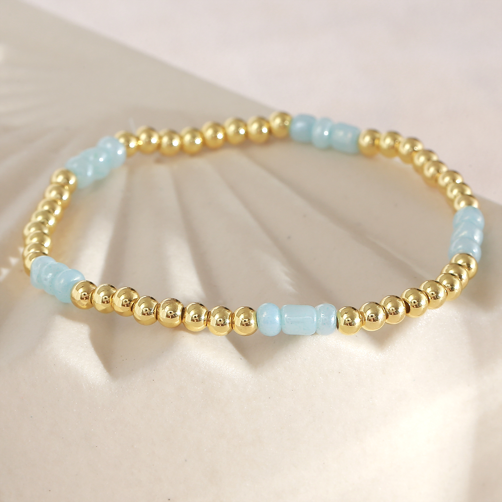 Xiaobei Beads Copper Gold-Plated Geometric Glass Beads Natural Stone Beaded Elastic Cord Layered Bracelet Multi-Specification Simple Bracelet 4