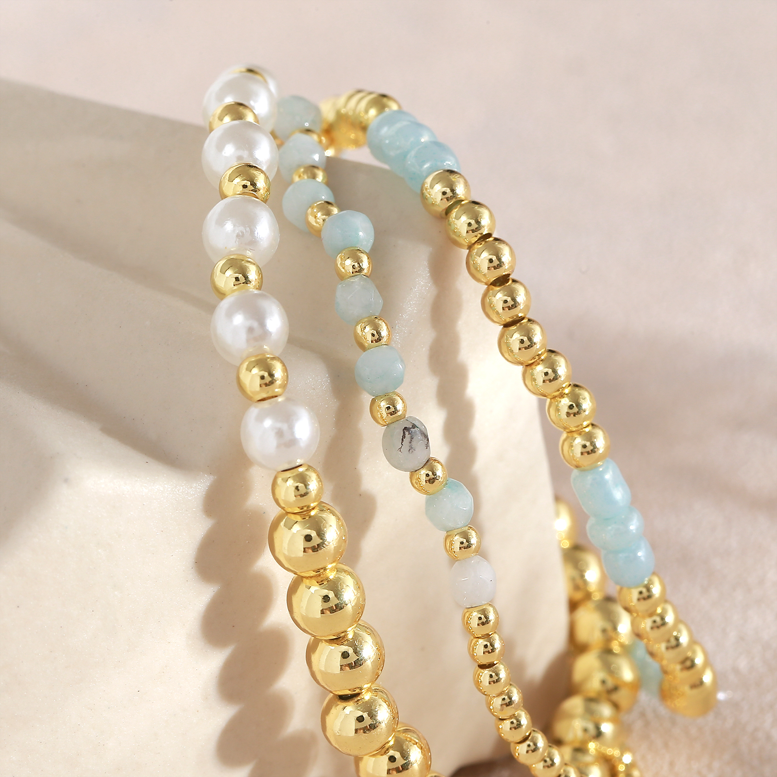 Xiaobei Beads Copper Gold-Plated Geometric Glass Beads Natural Stone Beaded Elastic Cord Layered Bracelet Multi-Specification Simple Bracelet 5
