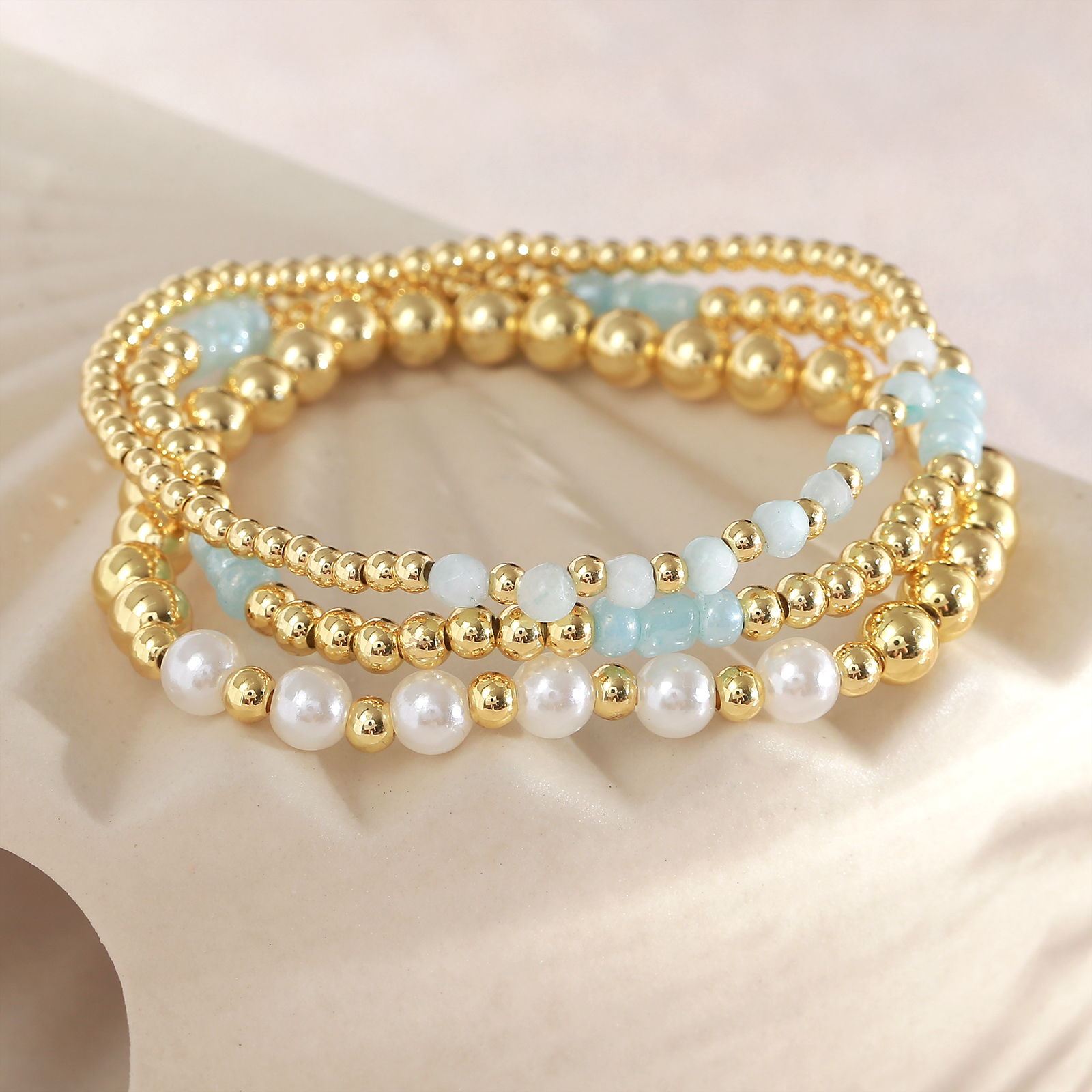 Xiaobei Beads Copper Gold-Plated Geometric Glass Beads Natural Stone Beaded Elastic Cord Layered Bracelet Multi-Specification Simple Bracelet 6
